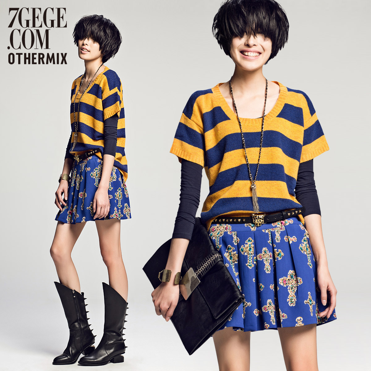 Free shipping 2013 women's spring blue horizontal stripe loose short-sleeve o-neck sweater 22m3101