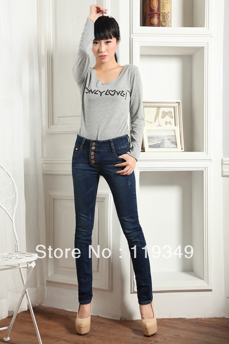 Free shipping 2013 women Slim elastic skinny button pants pencil pants high tight jeans female Appear cotton trousers