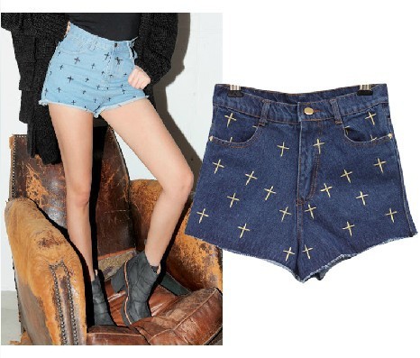 Free Shipping 2013 Women The cross pattern denim Jeans Shorts Torn High waist Jeans short pants