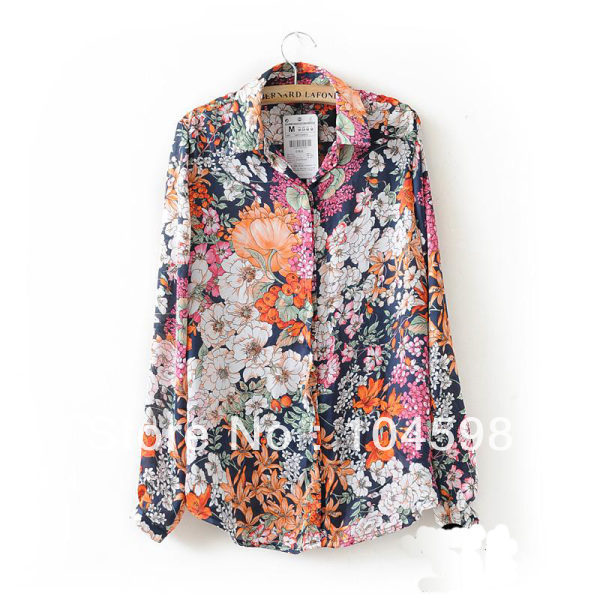 Free shipping!2013 Womens cotton blouse tops,casual fashion floral printing long sleeve shirts,S/M/L,LF044