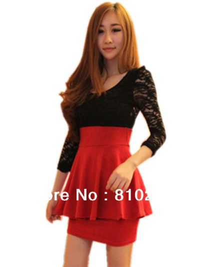 free shipping 2013 womens new fashion black red long sleeve lace patchwork dress lady elegant temperament mini dresses S,M,L 574