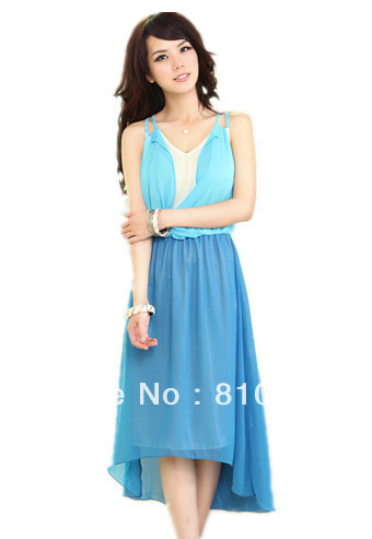 free shipping 2013 womens new fashion blue yellow deep v neck strap irregular chiffon dress ladies summer long maxi dresses 474