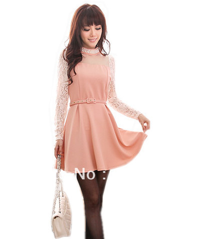 free shipping 2013 womens new fashion pink black pearl stand collar lace sleeve cute mini dress ladies spring dresses +belt 618