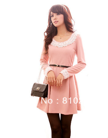 free shipping 2013 womens new fashion pink green lace neck back button long sleeve princess dress ladies spring dresses+belt 619