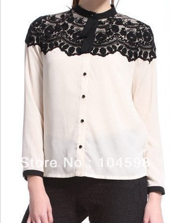 Free shipping!2013 Womens vintage shirt,casual fashion ladies tops lace patchwork sheer chiffon long sleeve blouses,M/L,LF035