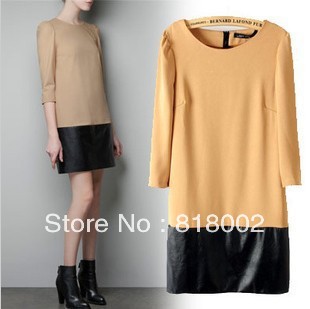 Free shipping 2013Spring New arrival women's Vintage fashion Puff Sleeve PU leather splicing Dress