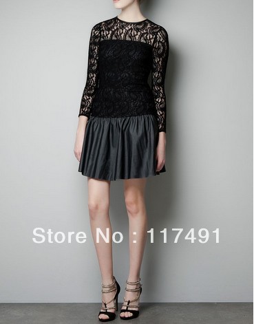 free shipping 2013ZA @ new fashion sexy dress faux leather stitching lace long sleeve skirt ft260