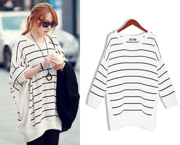 Free Shipping 2137  sweater pullover loose batwing sleeve black and white stripe sweater dress MY