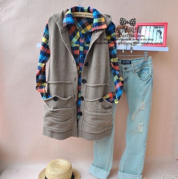 free shipping 215 pleated pockets button decoration with a hood knitted cute shirt sleeveless sweater vest