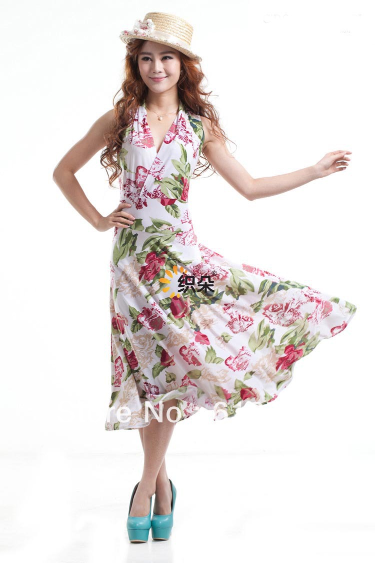 Free shipping-24 multicolored milk silk ladies' dress sexy V-neck L~XXXL large size floral mid-calf long dress-WD13071