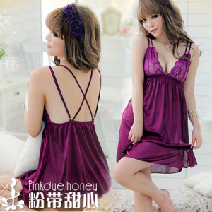 Free shipping 2658 lingerie male women's nightgown black temptation lace transparent spaghetti strap sleepwear lounge set