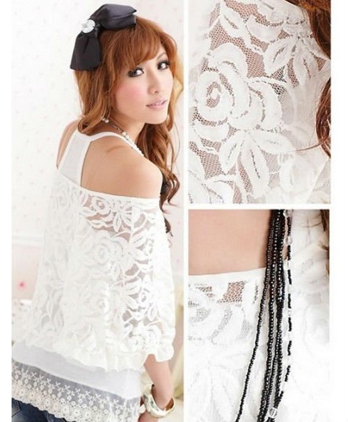 Free Shipping 2PCS BATWING SLEEVE LACE BLOUSE TOP +CAMI WHITE BLACK S 0026#