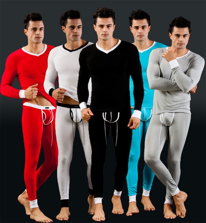 Free shipping 2pcs/lot Male long johns modal V-neck t-shirt thermal underwear set thin 01