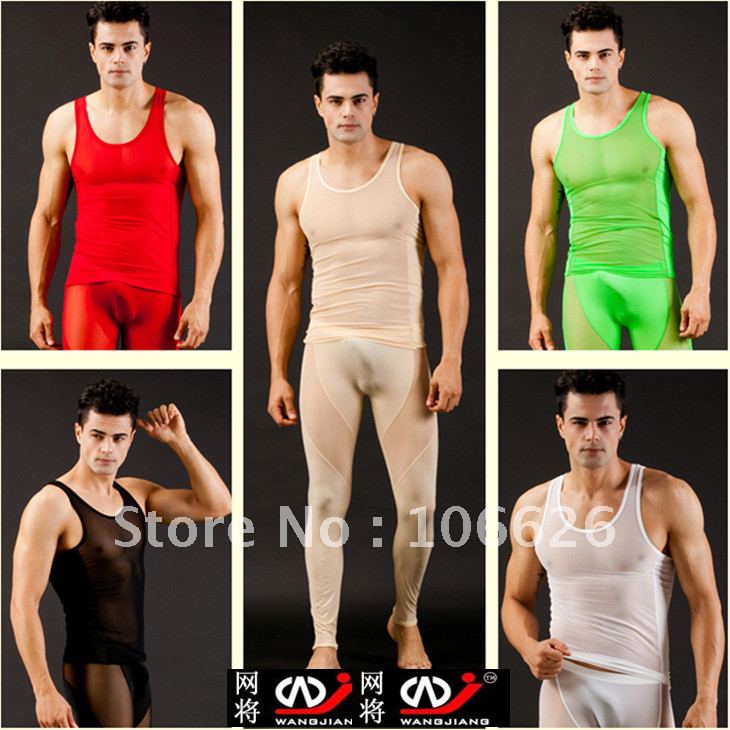 Free shipping 2pcs/lot Net WJ male viscose ultra-thin vest gauze transparent tight vest