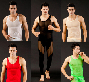 Free shipping 2pcs/lot Wj network fashion male autumn and winter set silk gauze vest long johns