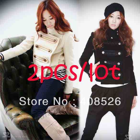 Free shipping 2PCS/LOT Women's Double-Breasted Stand-up Collar Cardigan Short Jacket woolen Coat Outwear M,L Black, White 9001