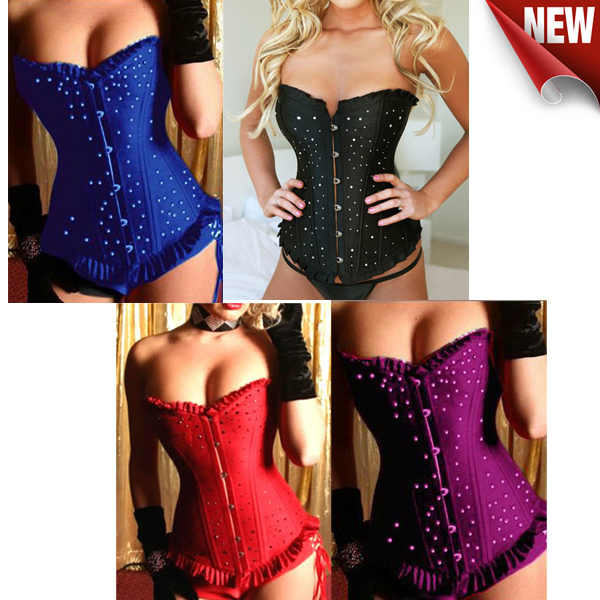 Free shipping 2pcs Sexy Black/Blue/Purple/Red Steel Boned Overbust Diamante Corset plus size bustiers/corsets 4046