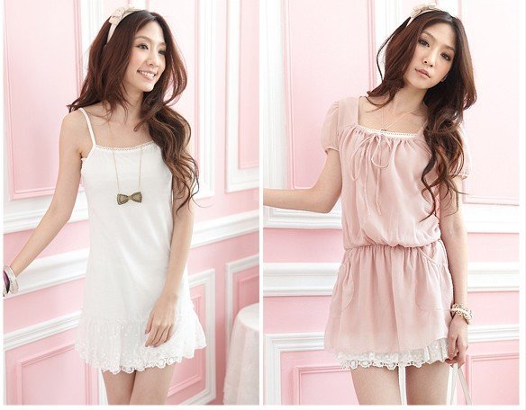 Free shipping.3 Colors:Pink/Black/White.The new summer ladies solid color Slim lace skirt Chiffon Dress Dress.