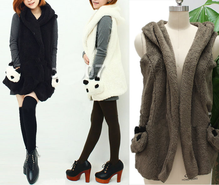 Free Shipping 3 Colors Women Winter Cardigan Warm Panda Pocket Hooded Vest Coat Top Waistcoat Outwears