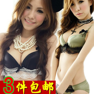 free shipping! 3 lace push up sexy bra bow deep V-neck underwear set bra