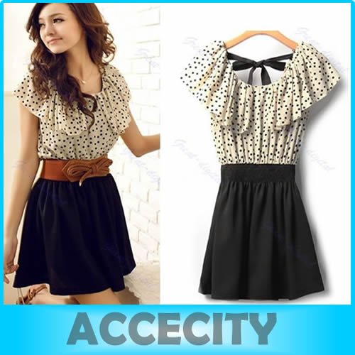 Free Shipping 3 Pcs/Lot Hot Summer Women Short Sleeve Chiffon Dots Polka Waist Top Mini Dress S Size