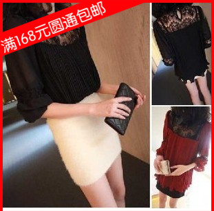 Free shipping 309 2013 lapel small leather sexy black lace patchwork chiffon one-piece dress