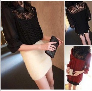 free shipping 309 2013 lapel small leather sexy black lace patchwork chiffon one-piece dress