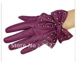 Free shipping 30pairs/lot New wholesale women fashion faux leather gloves with rivet bowknot PU gloves gift