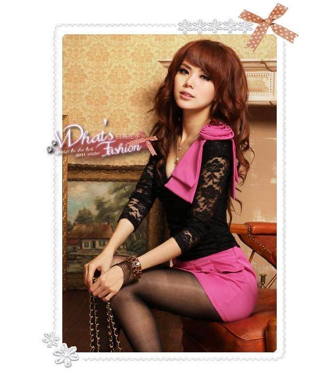 Free shipping 3155 fashion sexy long-sleeve lace patchwork bow shoulder flower dress tight slim hip one-piece dress women