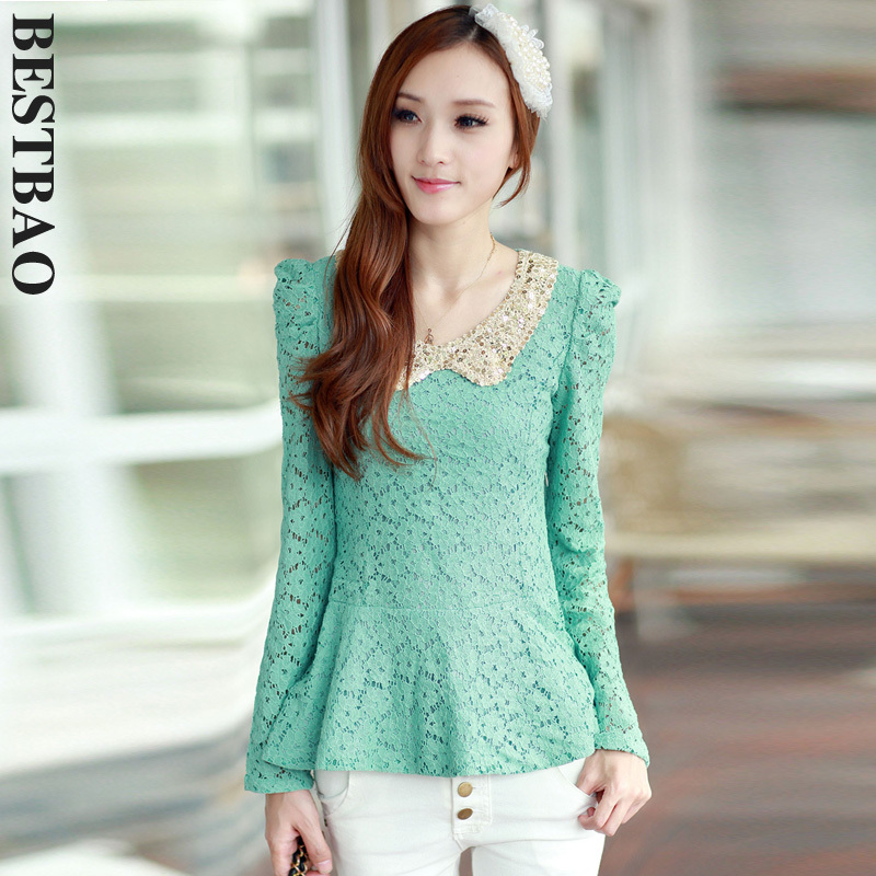 free shipping 3208 sweet slim lace shirt paillette peter pan collar fashion all-match bestbao female