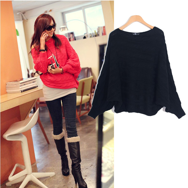 Free Shipping 3517 fashion autumn and winter solid color batwing sleeve loose all-match twisted sweater shirt MY