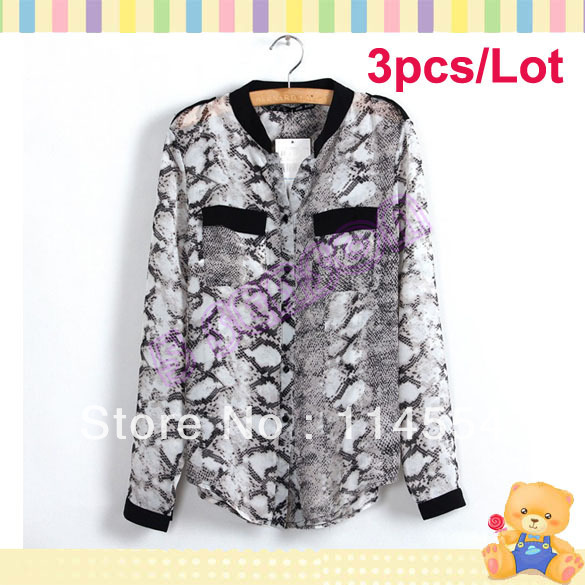 Free Shipping 3pcs/Lot Korea Women's Charming Snake Pattern V-Neck Chiffon Blouse Tops 3 Sizes 11108