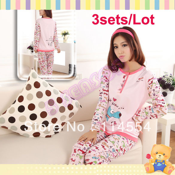 Free Shipping 3sets/Lot Ladies Women's Cute Cartoon Dog Long Sleeve Cotton Pajamas Sleepwear Home Wear 11176