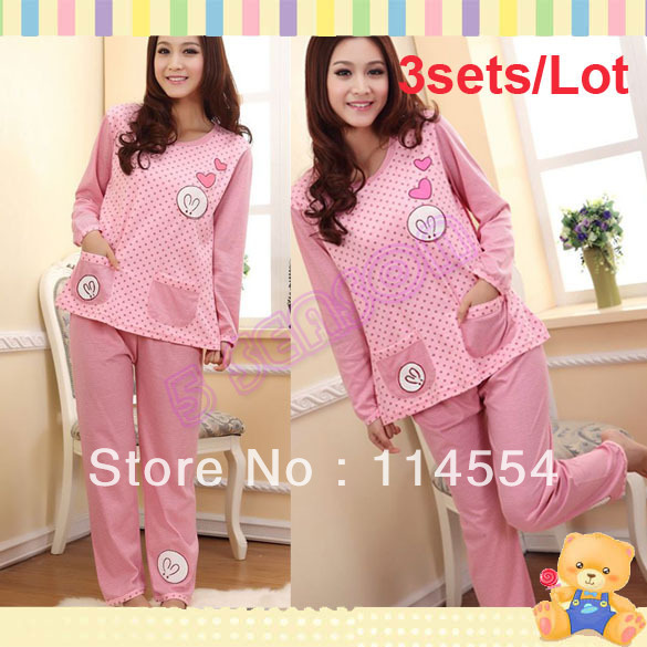 Free Shipping 3sets/Lot New Ladies Women's Cute Cartoon Crew Neck Long Sleeve Cotton Home Wear Pajamas Sleepwear 11178