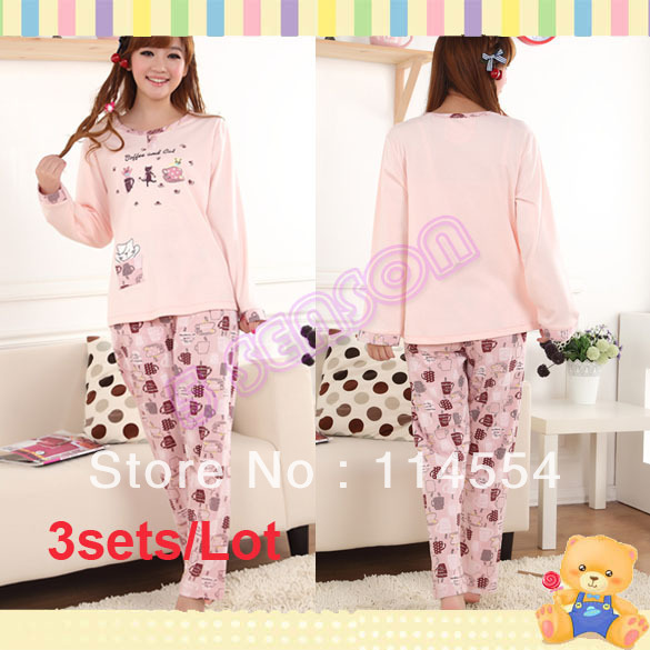 Free Shipping 3sets/Lot New Ladies Women's Cute Cartoon Long Sleeve Cotton Pajamas Sleepwear Home Wear 11173