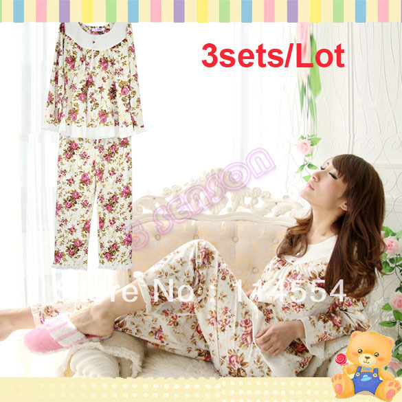 Free Shipping 3sets/Lot New Ladies Womens Cute Roses Long Sleeve Cotton Pajamas Sleepwear Home Wear 11171