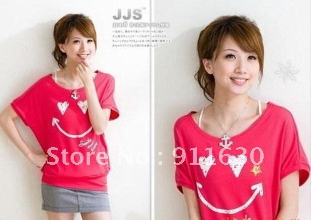 Free shipping!4 ColorsNew special women smiling face short-sleeved T-shirt Korean love smiley bat sleeve T-shirt.Cotton shirt.