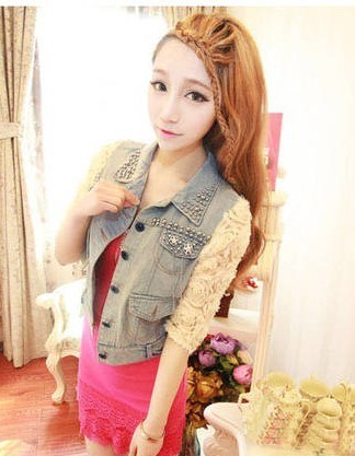 Free Shipping, 401 times . stereo disk flowers beading bag light color water wash denim short jacket