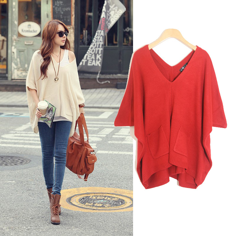 Free Shipping 41009 fashion autumn and winter solid color batwing sleeve double pocket loose sweater outerwear MY