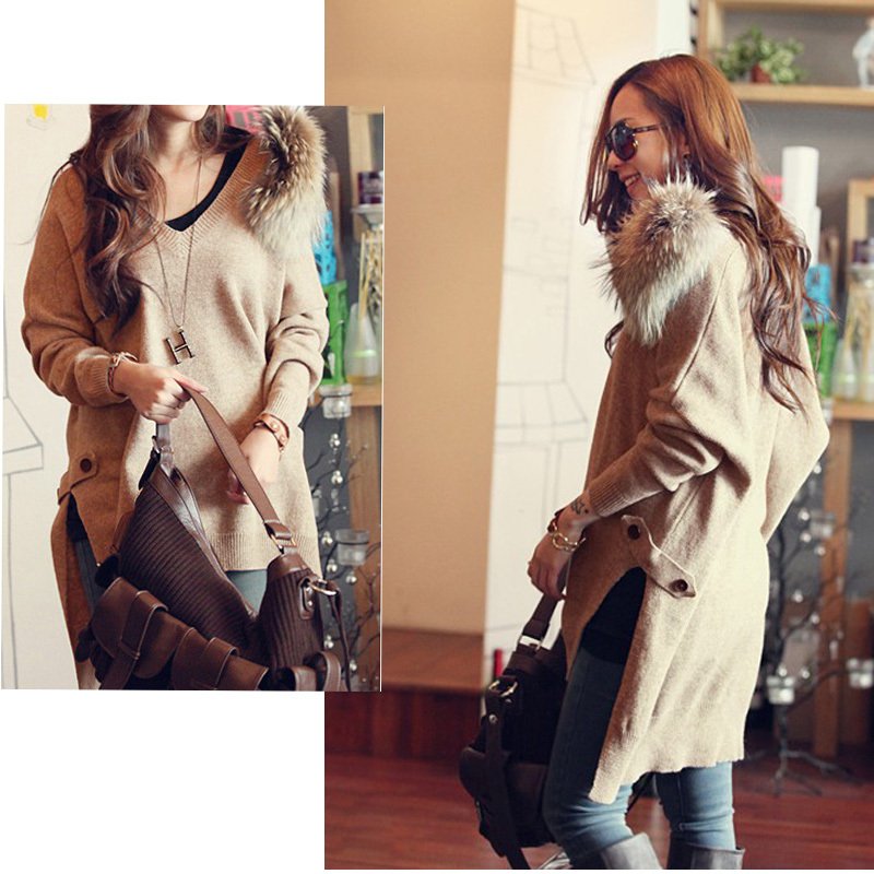 Free Shipping 41019 fashion loose sweater fur collar sweep low-high sweater shirt outerwear MY