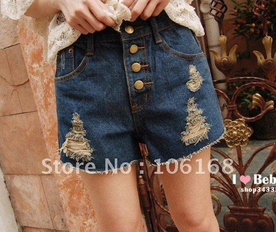 Free Shipping 415-2260 washing-breasted women loose pants hole high waist jeans