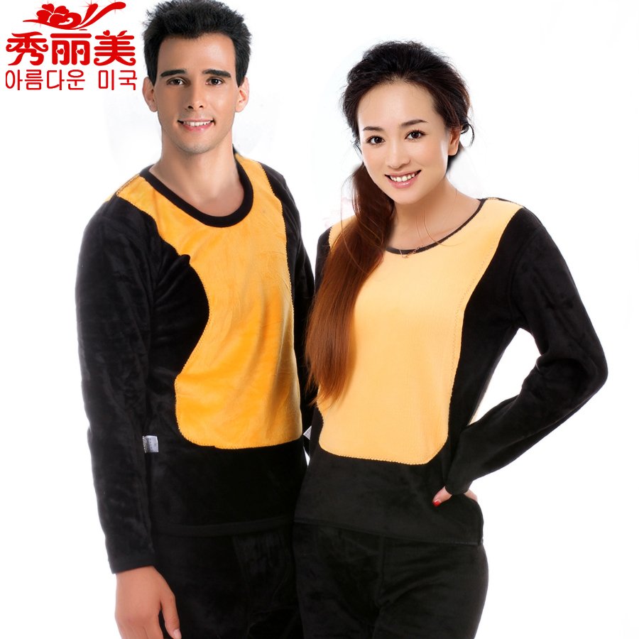 Free shipping! 49 1 golden flower thermal underwear thickening plus velvet male women's lovers set