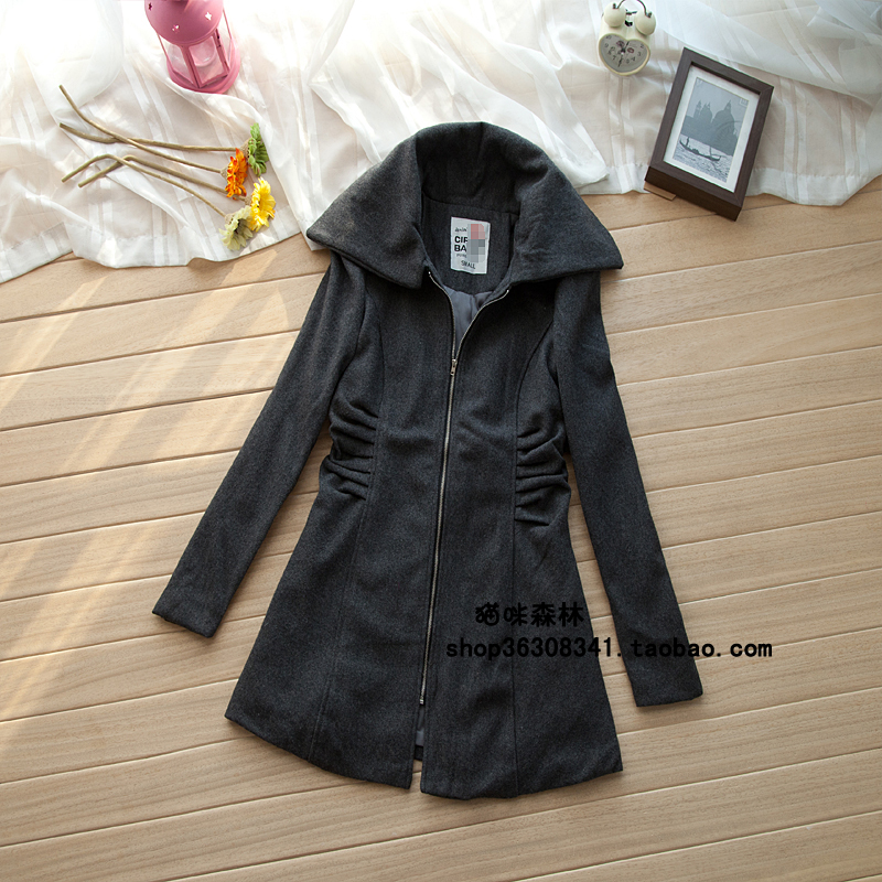 Free shipping 49.99 ! elegant turn-down collar pleated slim woolen trench 1.03kg