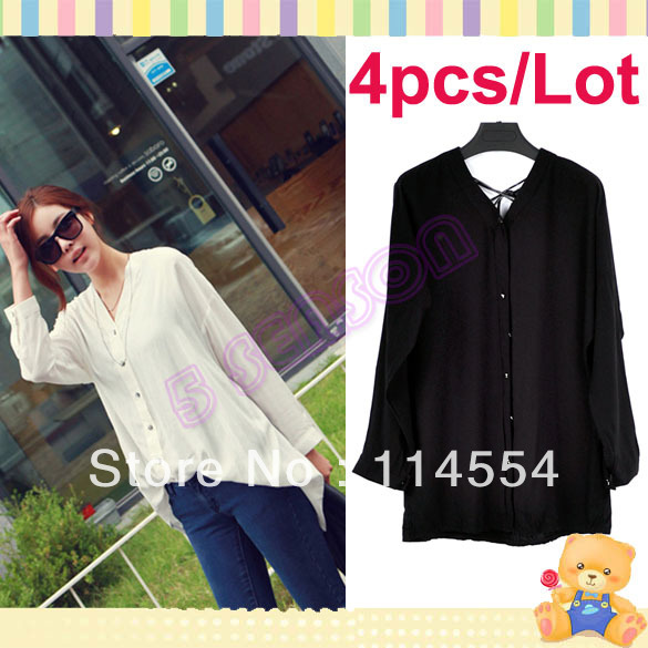 Free Shipping 4pcs/Lot Korea Women's V-neck Back lace-up Long Sleeve Ladies Blouse Top Black White 10014