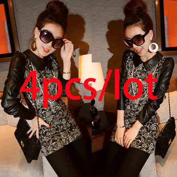 free shipping 4pcs/lot New Fashion Women's Lapel Slim Leather Splicing Print Long Sleeve Dress 10224