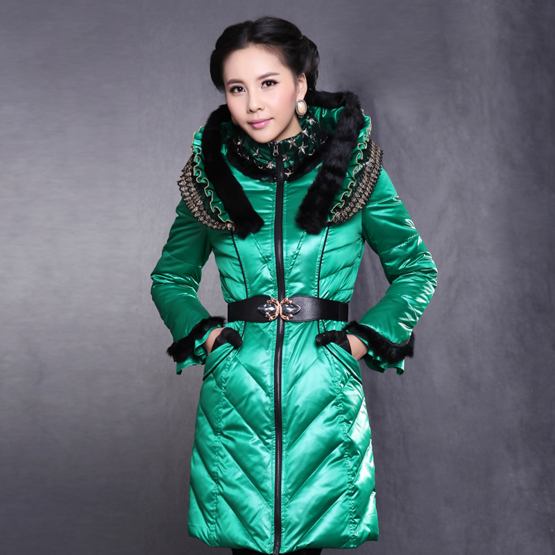 Free shipping 5.2 2012 women's with a hood ruffle luxury down coat medium-long y1118