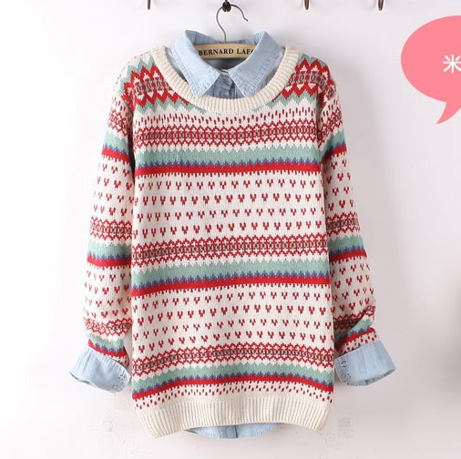 Free shipping-5 colors!  2013 SALE winter&spring women's love multicolour stripe o-neck pullover knitted sweater