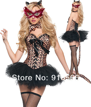 Free shipping 5 Pcs Women Sexy Elegant Feral Charm Leopard Deluxe Corset+Skirt+Tail+Neck+Head Piece S M L XL XXL1066035023