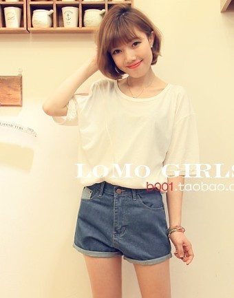 Free Shipping, 523 2013 vintage high waist loose roll-up hem personalized back pocket denim shorts