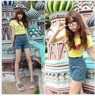 Free Shipping, 523 high waist abdomen drawing single breasted denim shorts